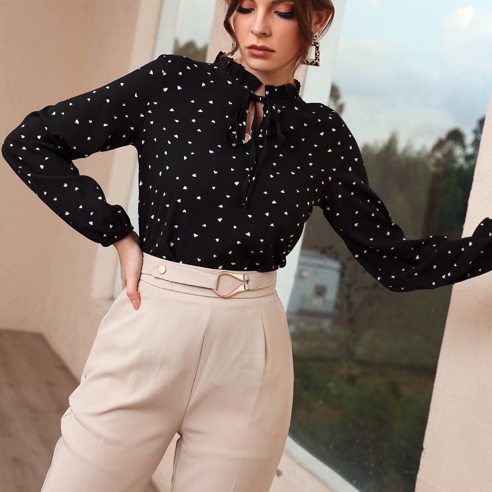 New Heart Print Frill Tie Neck Blouse Black - Picture 2 of 7